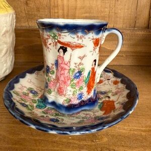 Vintage Japanese Kutani Ware Geisha Girl Cup and Saucer